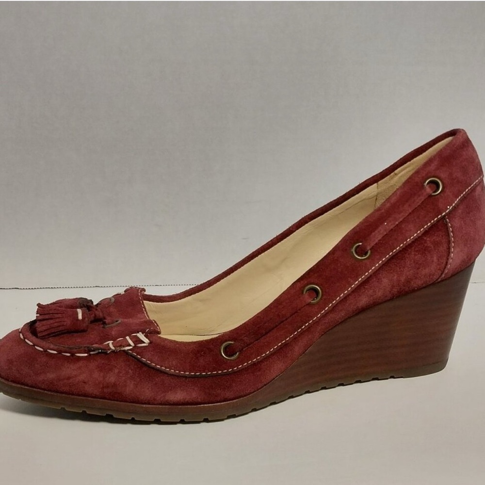 Cole Haan Loafer Wedge Heel Women SZ 11B Calista Oxblood Burgundy Suede Tassel